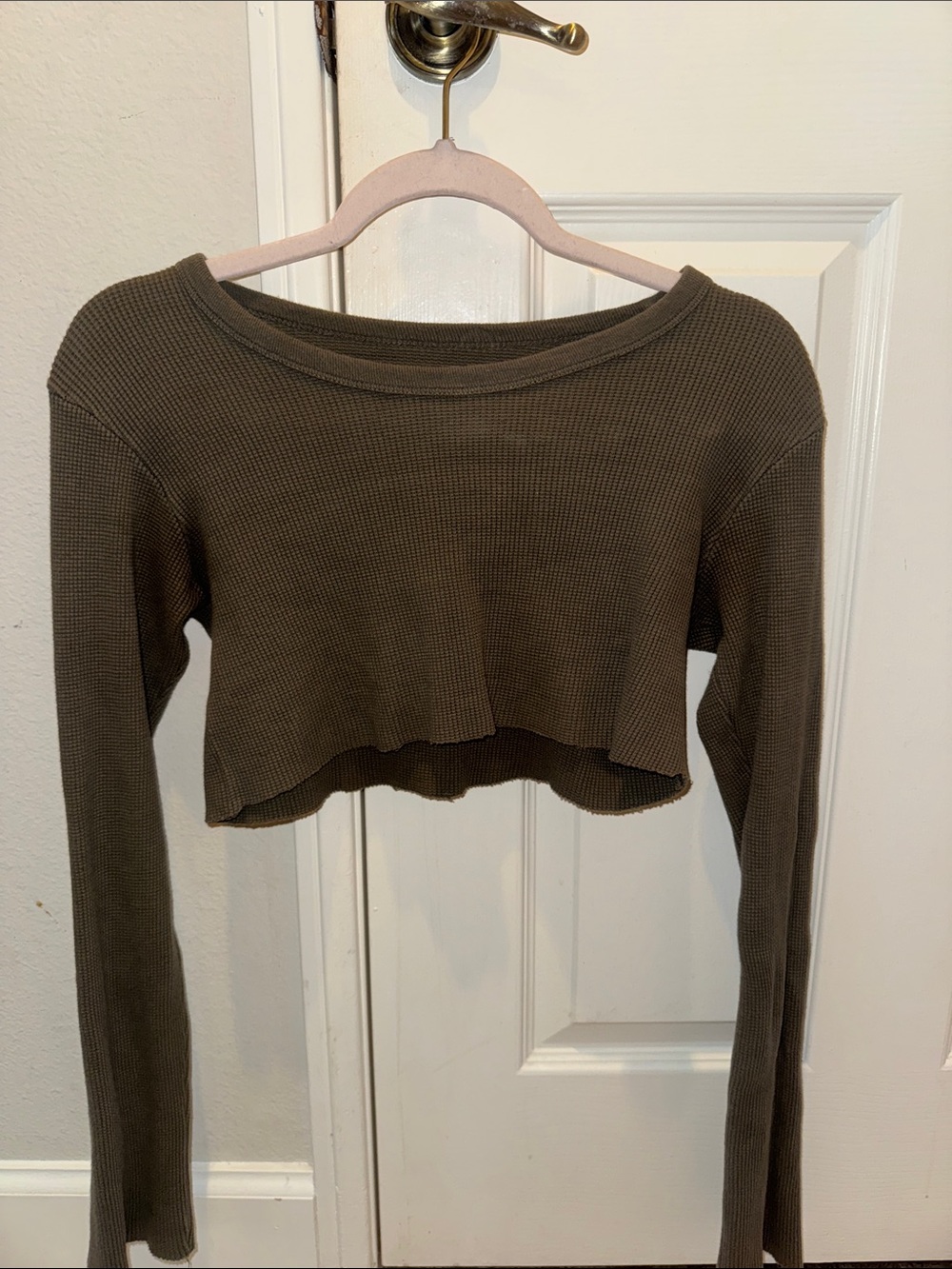 Brandy Melville Olive Green Cropped Waffle Long Sleeve Top